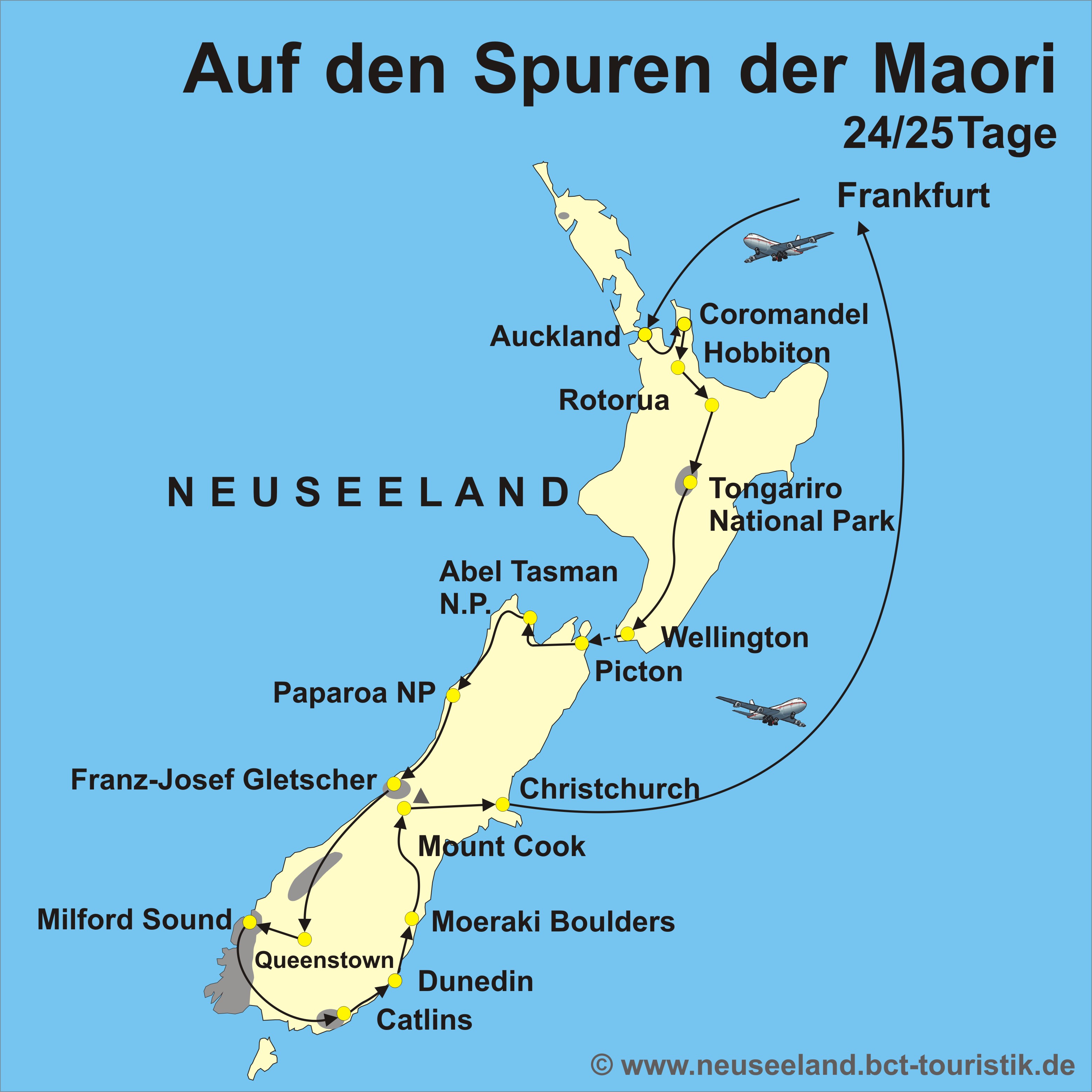Reiseroute der Neuseeland Reise