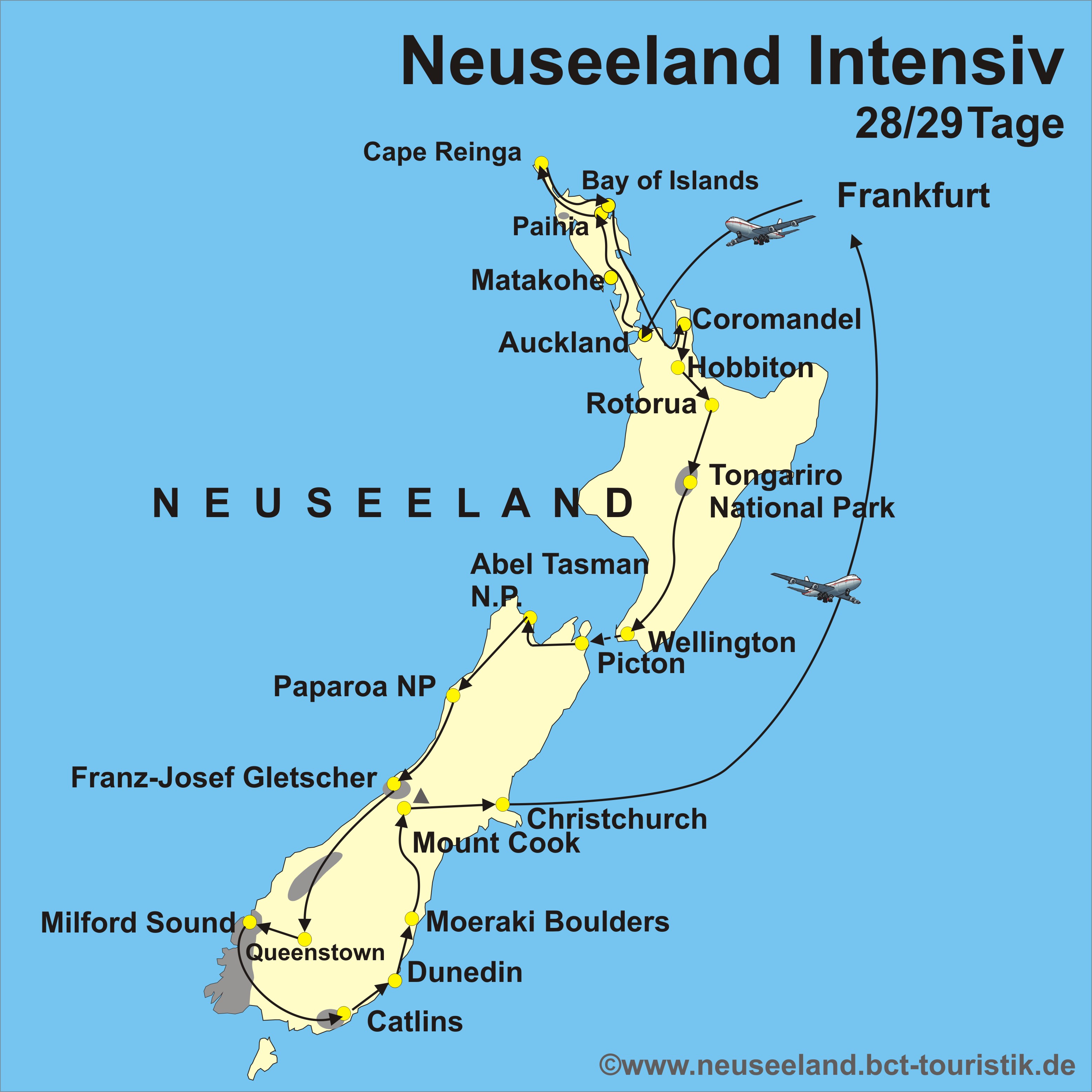 Reiseroute der Neuseeland Studienreise
